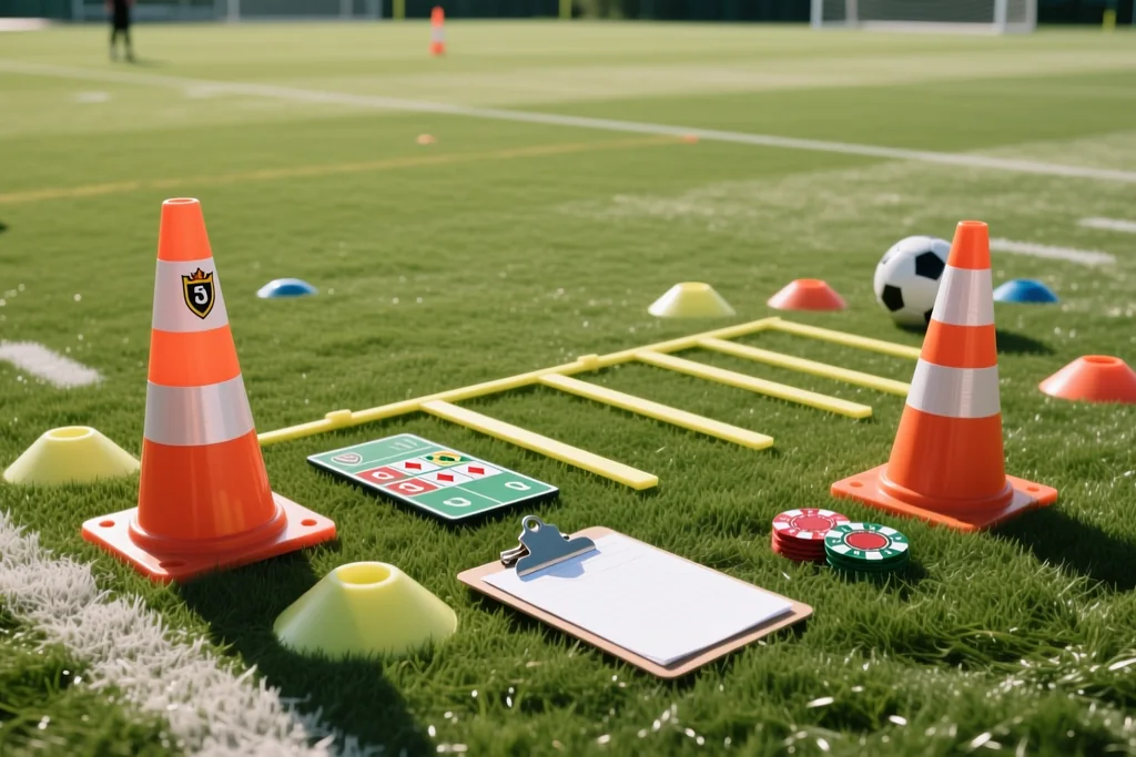 A football tactics board with cones on a training pitch