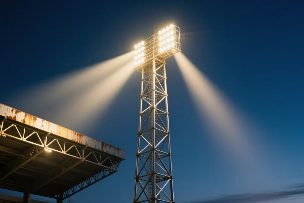 A floodlit stadium hosting a second-tier Indian league match