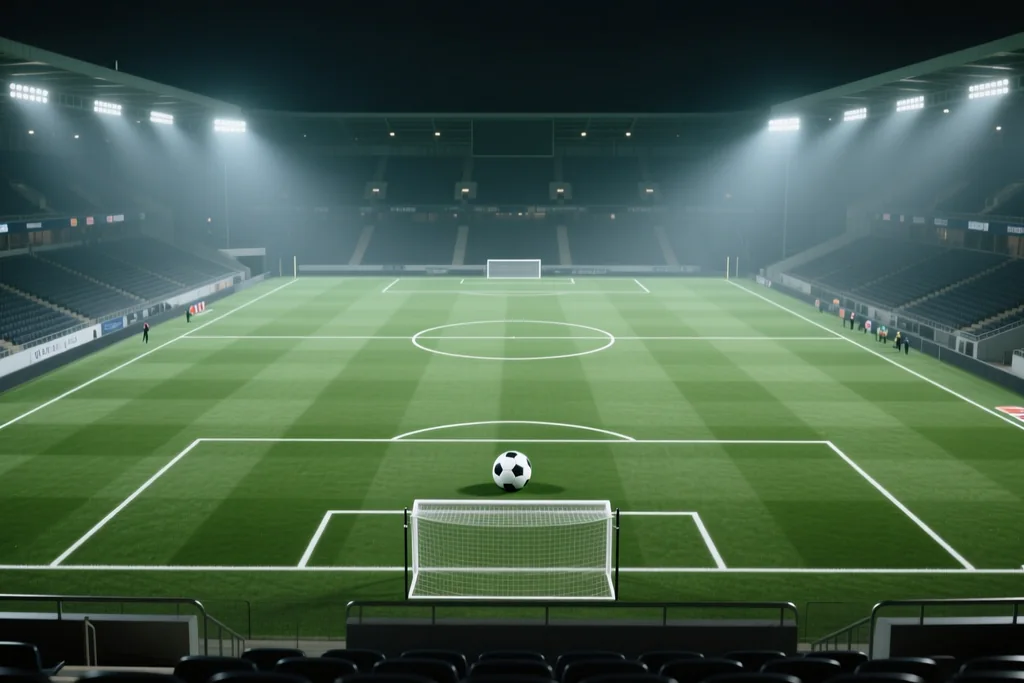 Football players contesting the closing stages of a floodlit Indian Super League match