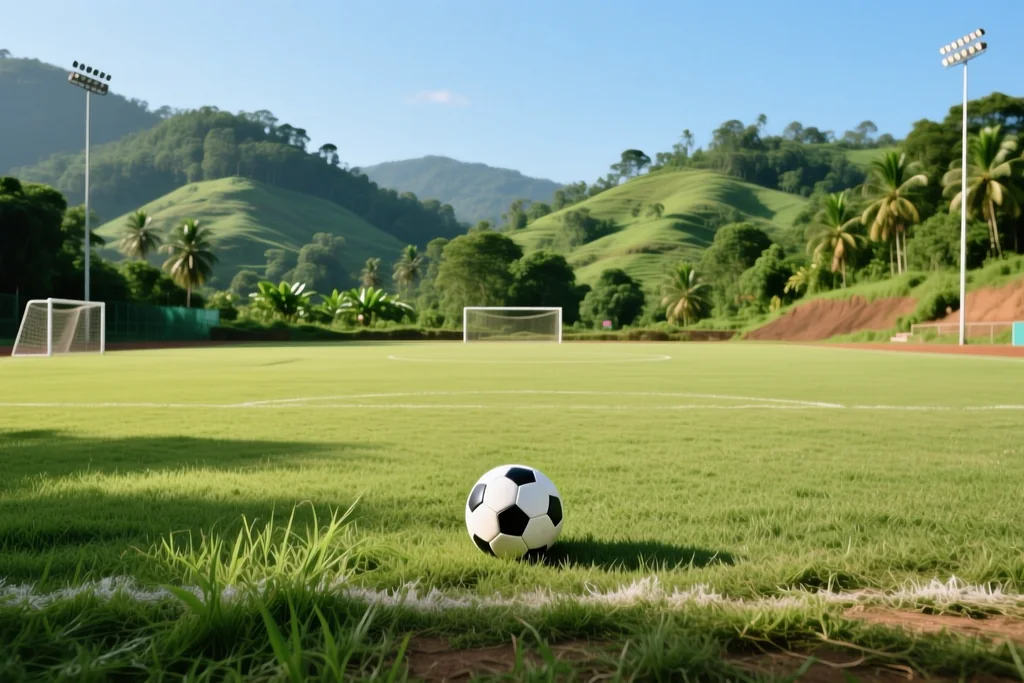 Young footballers playing on a pitch in north-east India