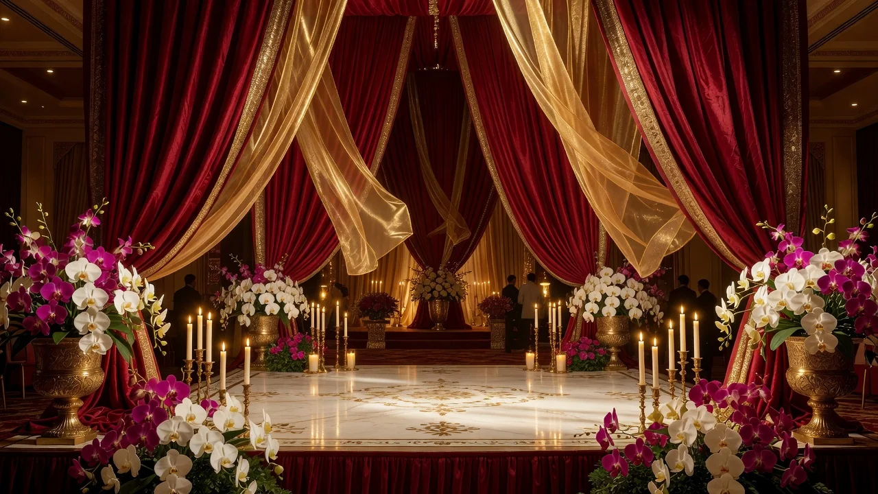 A decorated reception stage with lights and flowers