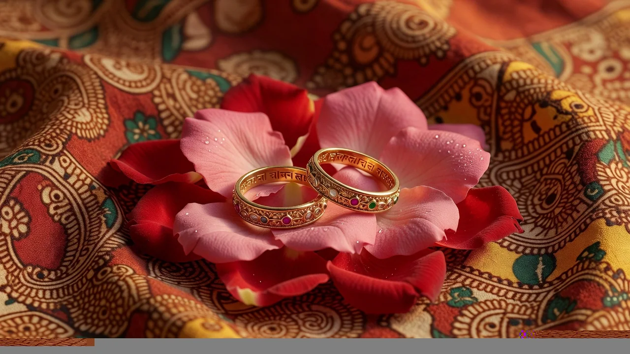 Wedding details: rings and flowers on a decorated table